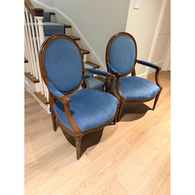 Wood Pair of Ultra Suede Blue Louis Style Armchairs For Sale - Image 7 of 9