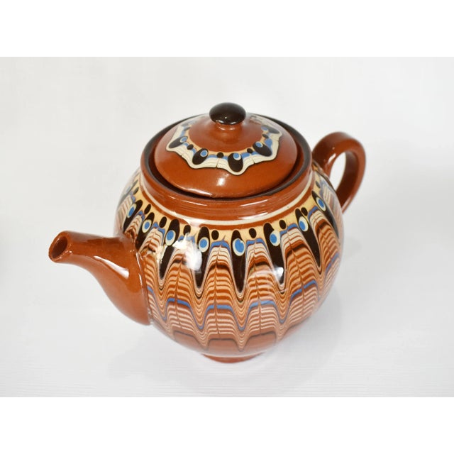 Folk Art Vintage Handmade Hand Painted Soviet Bulgarian Red Clay Pottery Tea/Coffee Serving Set - 10 Pieces For Sale - Image 3 of 9