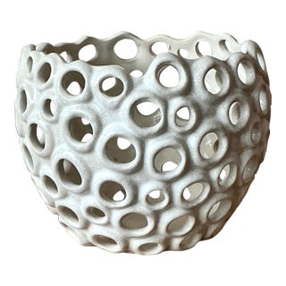 Vintage Boho Glazed Ceramic Holes Bowl For Sale