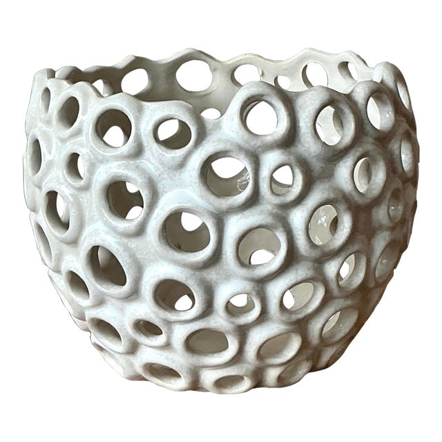 Vintage Boho Glazed Ceramic Holes Bowl For Sale