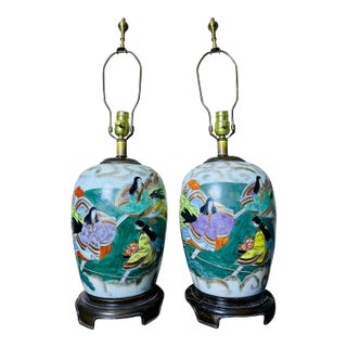 1950s Hand-Painted Japanese Porcelain Tabletop Lamps Pair Court Ladies, Large 32"h For Sale