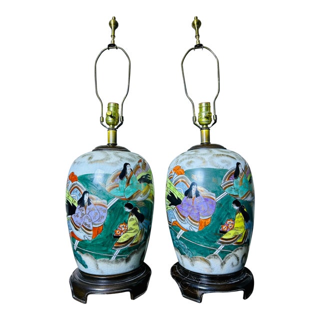 1950s Hand-Painted Japanese Porcelain Tabletop Lamps Pair Court Ladies, Large 32"h For Sale