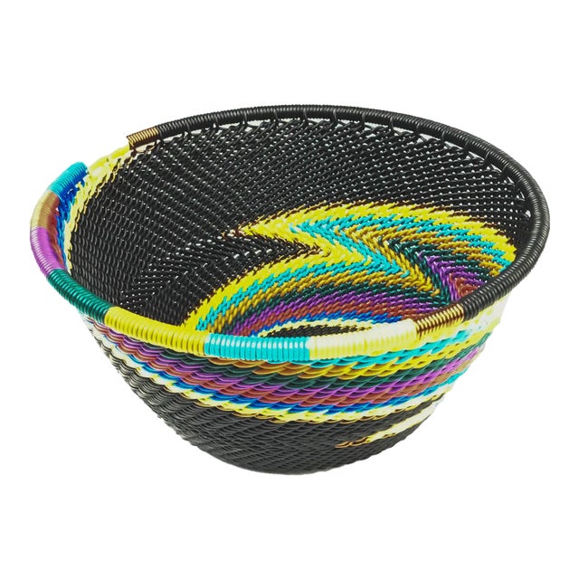 Vintage African Wire Artisan Woven Basket For Sale