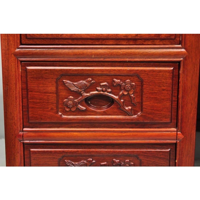 Red Vintage Chinese Bird Carved Hardwood Kneehole Writing Desk With Decorated Back For Sale - Image 8 of 18
