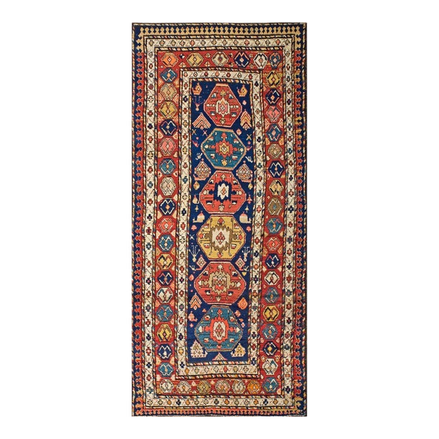 1930s Blue Navy Geometric Tribal Antique Persian Kurdish Rug 4'2" X 9'10" Handknotted Wool Carpet For Sale