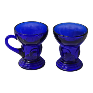 1936–40s New Martinsville “Moondrops” Cobalt Handled Whiskey Tumblers — Pair