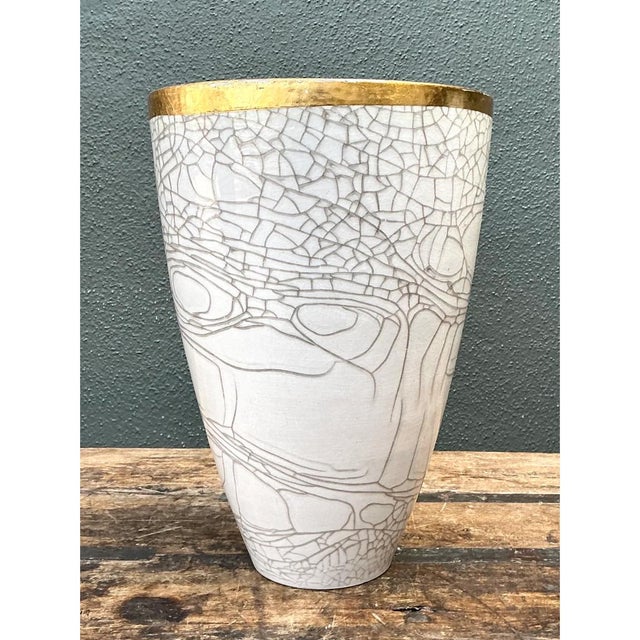 Vintage Italian Gold Rimmed Crackle Ceramic Vase For Sale In West Palm - Image 6 of 12