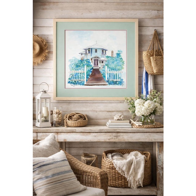 Large Jerry Baum Signed Watercolor “The Seaside” Coastal Southern Home, 1991 - Framed For Sale - Image 11 of 11