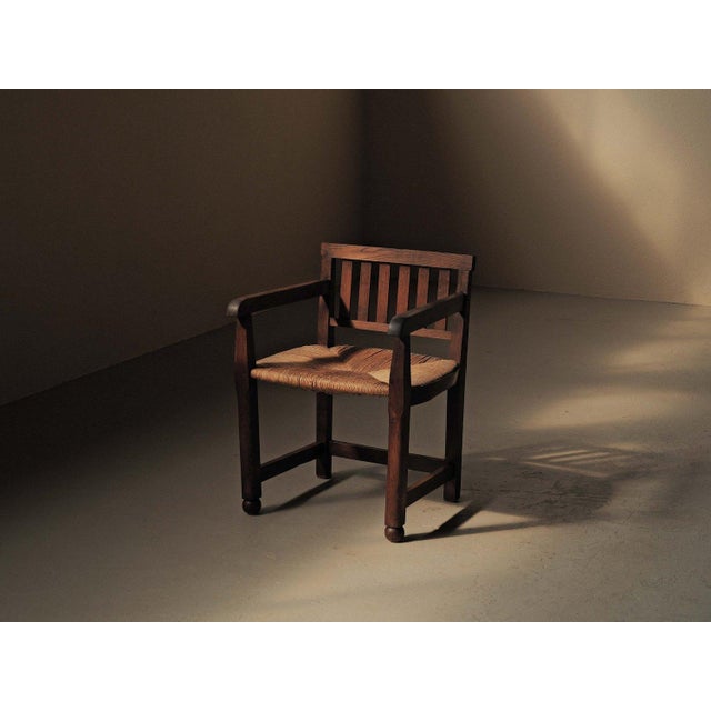 Intriguing armchair, dating to around 1950, reflects a “rustic-modernist” aesthetic with its robust construction and...