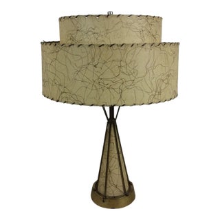 Mid Century Modern Brass & Naugahyde Table Lamp With Unique Shade For Sale