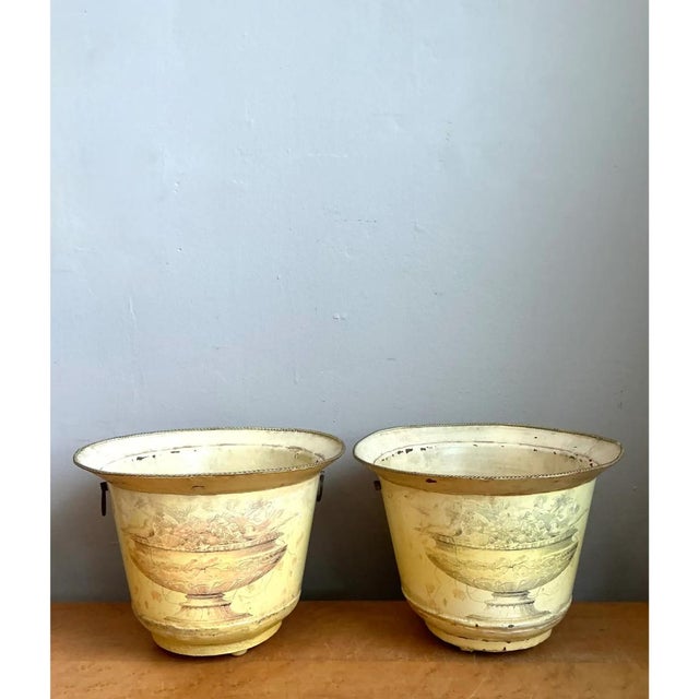 Light Yellow Vintage Distressed French Toile Metal Cache Pot - A Pair For Sale - Image 8 of 12