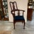 Rare carved solid mahogany hi back corner chair. The newly refreshed dark finish with deep blue all wool mohair seat...