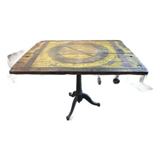 Industrial Salvaged Tilt Top Wood Work Table With Iron Base For Sale