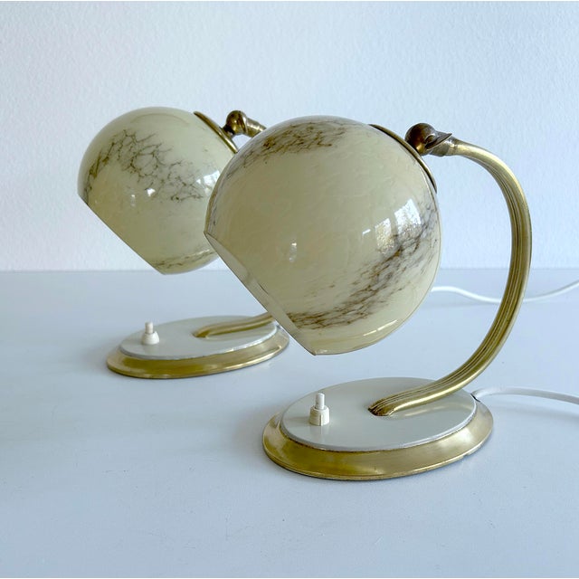 Metal Art Deco Table Lamps in Brass and Glass, Set of 2 For Sale - Image 7 of 16