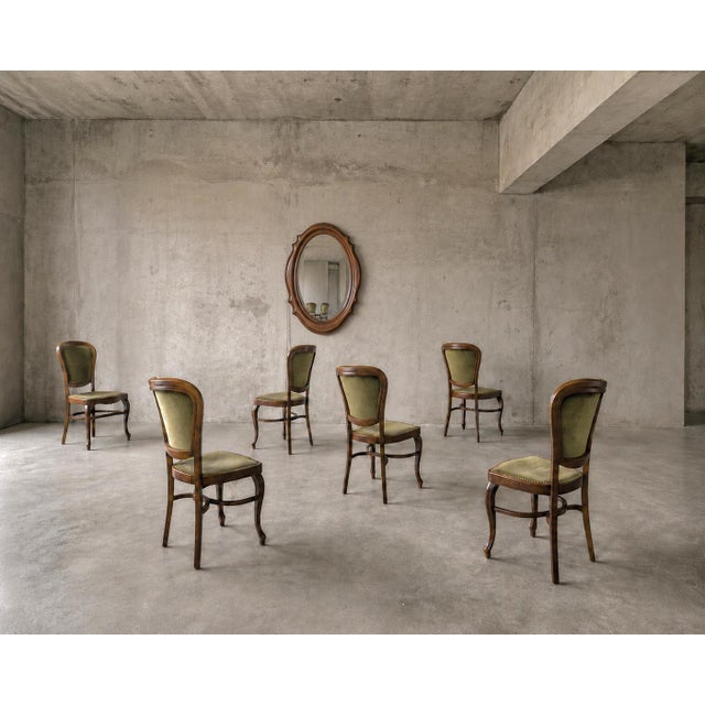 6 x Classic Thonet dining chairs / velvet upholstery / 1960s / .testament--apollo-down-carrot:hover .hover-fill { fill:...