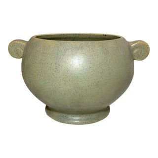 Vintage Handmade Green Pottery Vase Planter Pot Fine Ceramic Footed W/ Handles For Sale