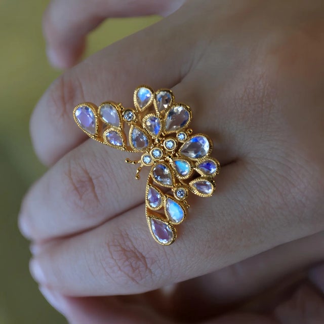 Blue Nina Zhou Butterfly Moonstone Diamond Cocktail Ring in 14k Yellow Gold, size 5 For Sale - Image 8 of 12