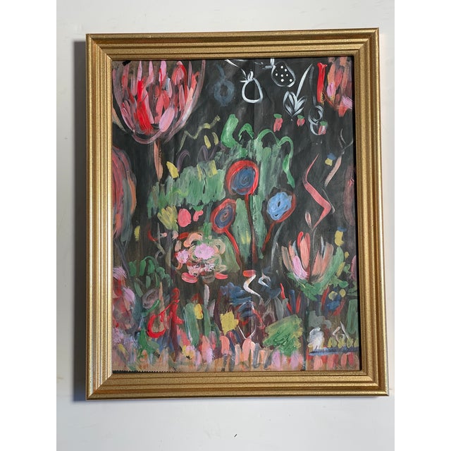 Abstract modern mixed media acrylic with crayons and markers painting on brown paper signed and framed.
