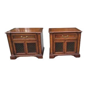 Henredon Fine Furniture Walnut & Mission Oak French Wire Mesh Bedside Tables, a Pair