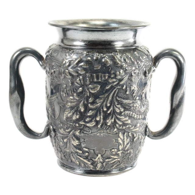 1800's Rare Reed & Barton Silvered Embossed Trophy Urn Vase Fenix Bird, Blank For Sale