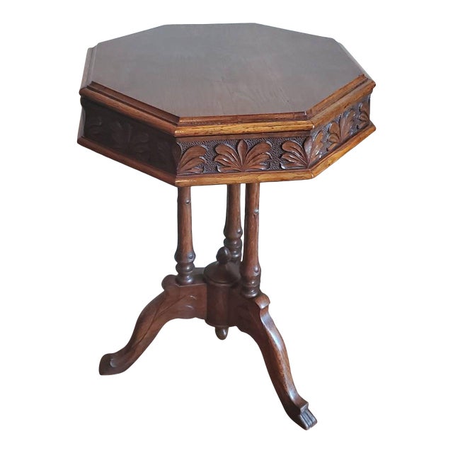 19th Century English Victorian Carved Oak Octagon Sewing Table Chairish