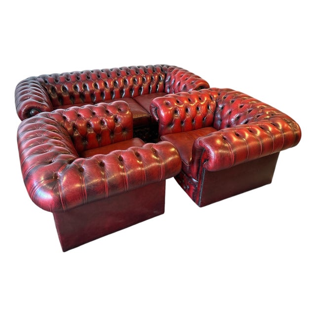 Leather Chesterfield Sofa and Armchairs, Set of 3 For Sale