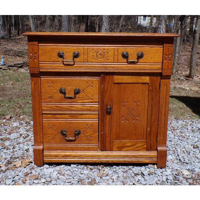 Antique Oak Chest Commode Washstand Dry Sink Country Farmhouse Cabinet For Sale - Image 12 of 17