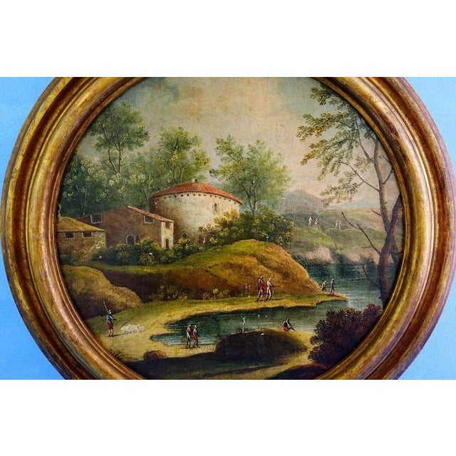 Rococo Lake Landscape, 18th Century, Oil Painting on Circular Panel, Framed For Sale - Image 3 of 14