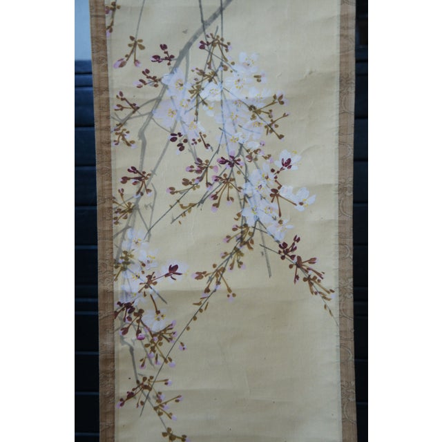 Early 20th Century Early 20th Century Antique Japanese Cherry Blossom Watercolor Silk Scroll Painting For Sale - Image 5 of 12