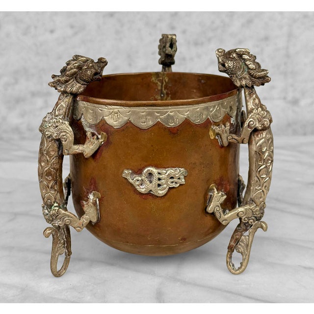 1930s Antique Tibetan Copper Dragon Motif Planter Pot Cencer For Sale - Image 5 of 13