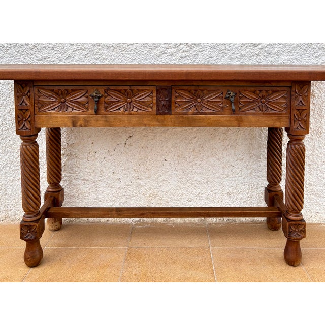 Wood Spanish Castilian Console with Drawers and Turned Legs, 1890s For Sale - Image 7 of 15