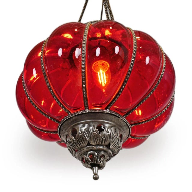 Vintage Indian Red Glass Pumpkin Pendant Light For Sale - Image 4 of 5