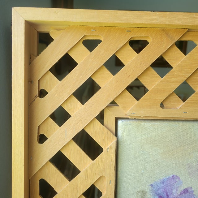 Vintage Raw Wood Lattice Framed Floral Oil Painting by L. Tunnell Ooak Cottage For Sale - Image 14 of 18