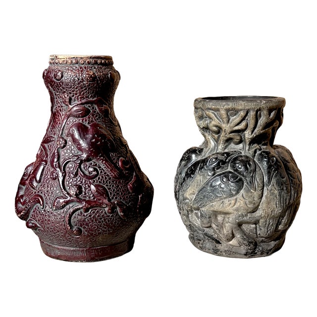 Antique Ceramic Art Relief Vases from Bernhard Bertram Pottery, Germany, 1890s, Set of 2 For Sale