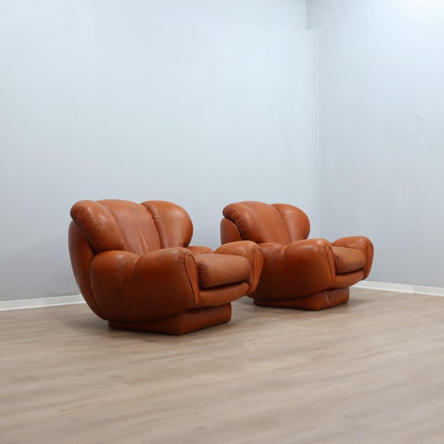 Large Italian Organic Leather Clamshell Lounge Chairs, 1970s, Set of 2 For Sale - Image 15 of 15
