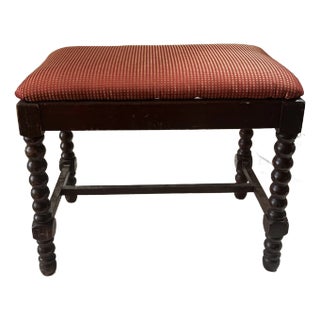 1970s Wooden Mid-Century Modern Spindle Legged Stool With Red and Gold Cushion For Sale