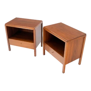 Finished Back Danish Mid Century Modern One Drawer Walnut Night Stands - A Pair