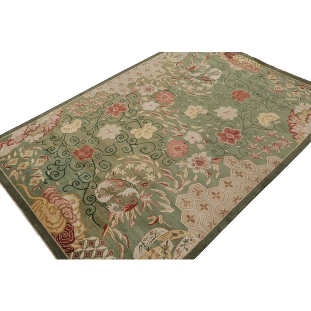 Rug & Kilim 2010s Rug & Kilim’s Chinese Style Art Deco Rug in Green With Red & Gold Florals For Sale - Image 4 of 8