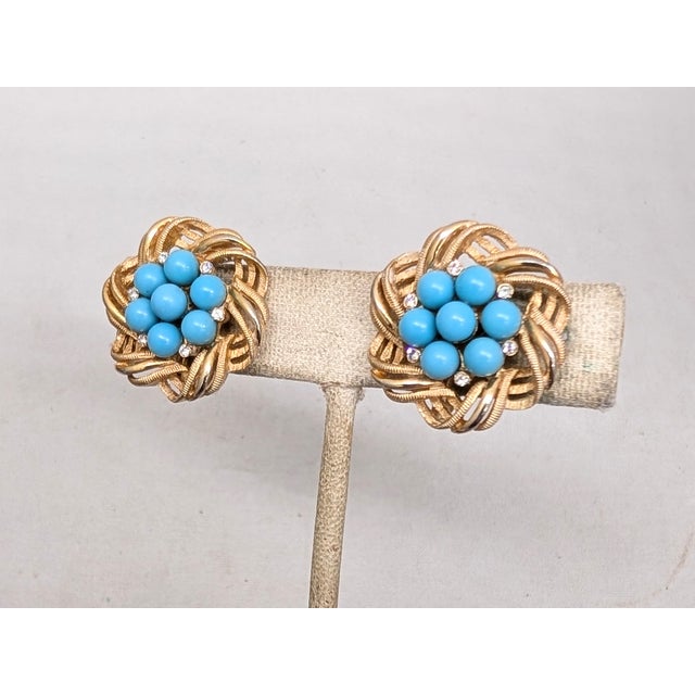 Trifari Vintage Signed Crown Trifari Goldtone Cabochon Faux-Turquoise Clip Earrings-2 Pieces For Sale - Image 4 of 7