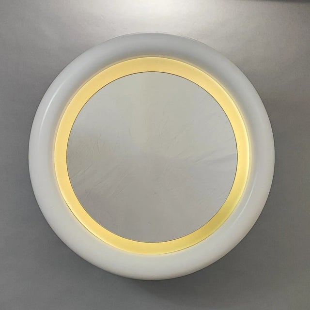 Wood Round White Backlit Mirror, 1970s For Sale - Image 7 of 7