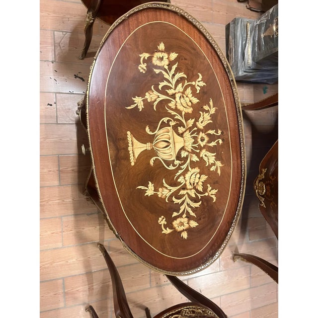 2020s Elegant Oval Accent Table With Inlaid Wood, Brass Gallery, Drawer & Lower Shelf For Sale - Image 5 of 6