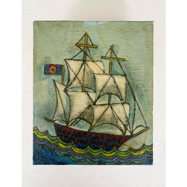 Set of 3 folk art paintings of whimsical vehicles including sailboat, dirigible and hot air balloon Colorful paintings on...