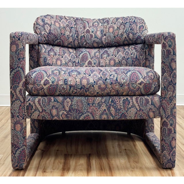 Drexel Vintage Damask Upholstery Rounded Back Parsons Chair For Sale - Image 4 of 14