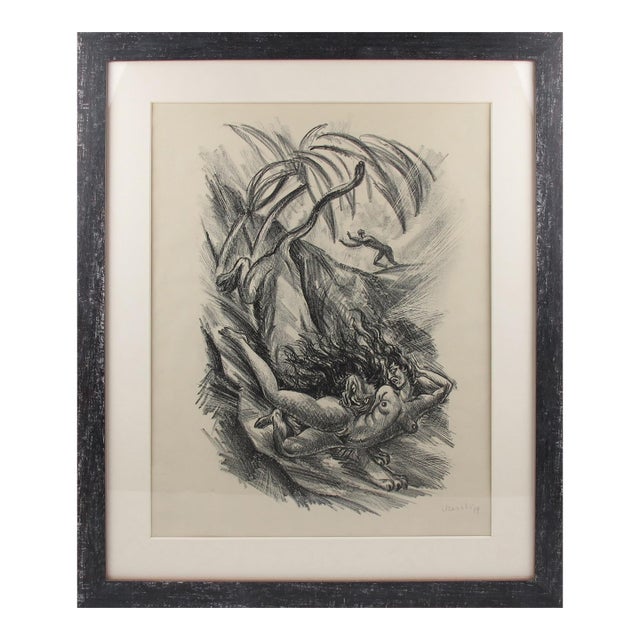 Art Deco Fantasy Charcoal Drawing Lithograph Print by Adolf Uzarski, 1919 For Sale
