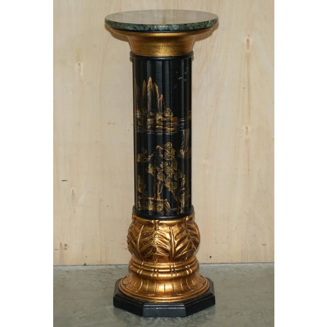 Black Chinese Neoclassical Style Chinoiserie Lacquered Torcheres Columns, 1920s, Set of 2 For Sale - Image 8 of 11