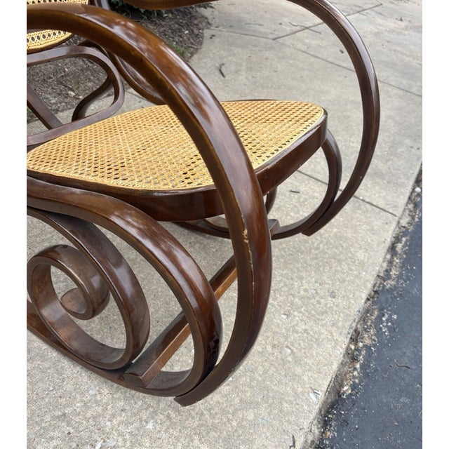 Mid-Century Modern Vintage Mid Century Modern Oak Cane Bentwood Rocking Chair Rocker Thonet Style For Sale - Image 3 of 6