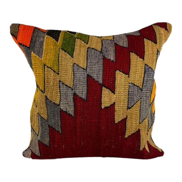 20 x 20 Kilim Pillow Turkish Cushion Natural Red Green Pillow Cushion Cover For Sale
