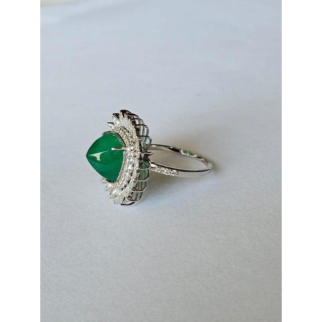 5.88 Carats, Natural Zambian Emerald Sugarloaf & Rose Cut Diamonds Cocktail Ring, Size 7 For Sale - Image 9 of 9
