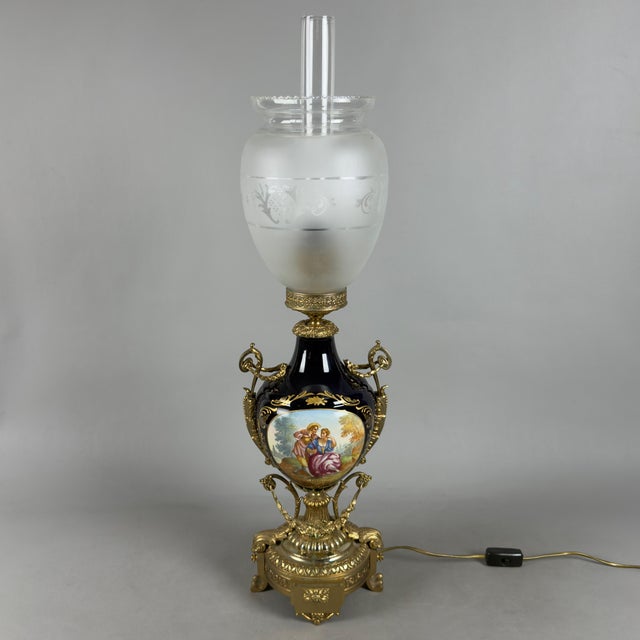 Antique French Table Lamp in Porcelain, Brass and Satin Glass For Sale - Image 15 of 15
