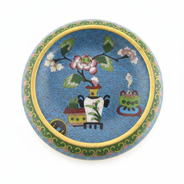Vintage mid-20th century Chinese cloisonné enamel bowl or brush washer decorated with a potted flower motif on turquoise...